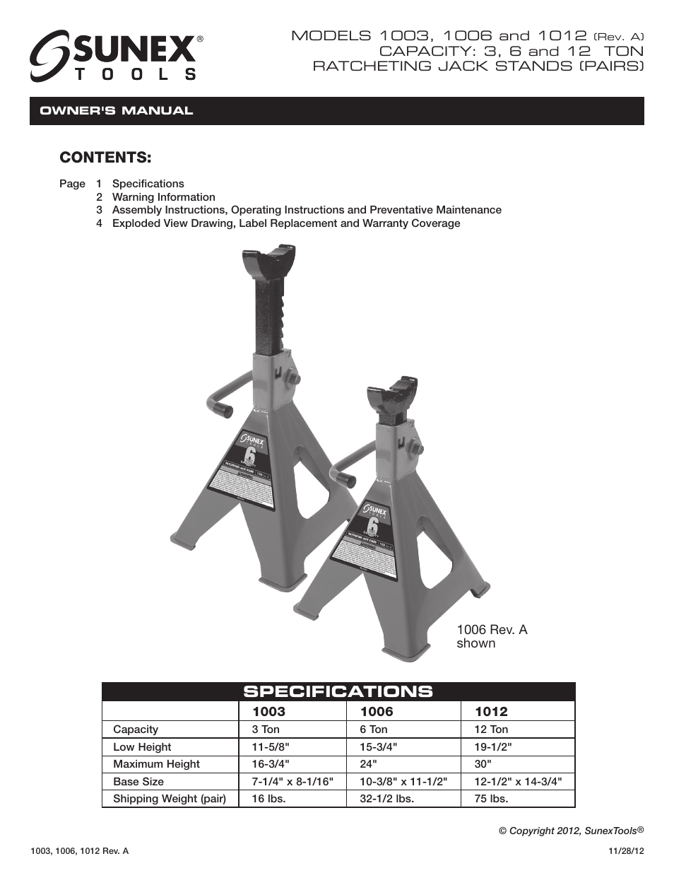 Sunex Tools 1012 User Manual | 12 pages