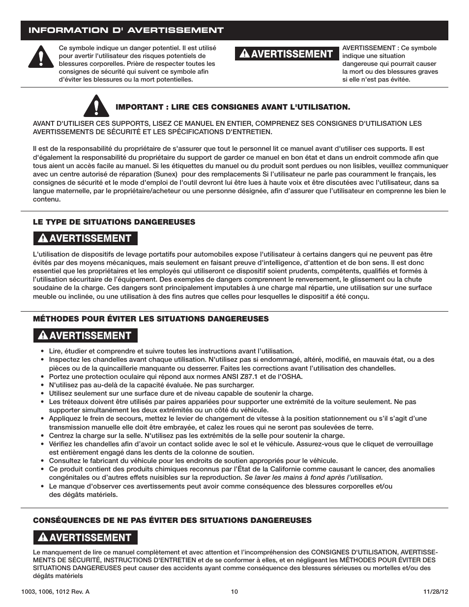 Avertissement | Sunex Tools 1012 User Manual | Page 10 / 12