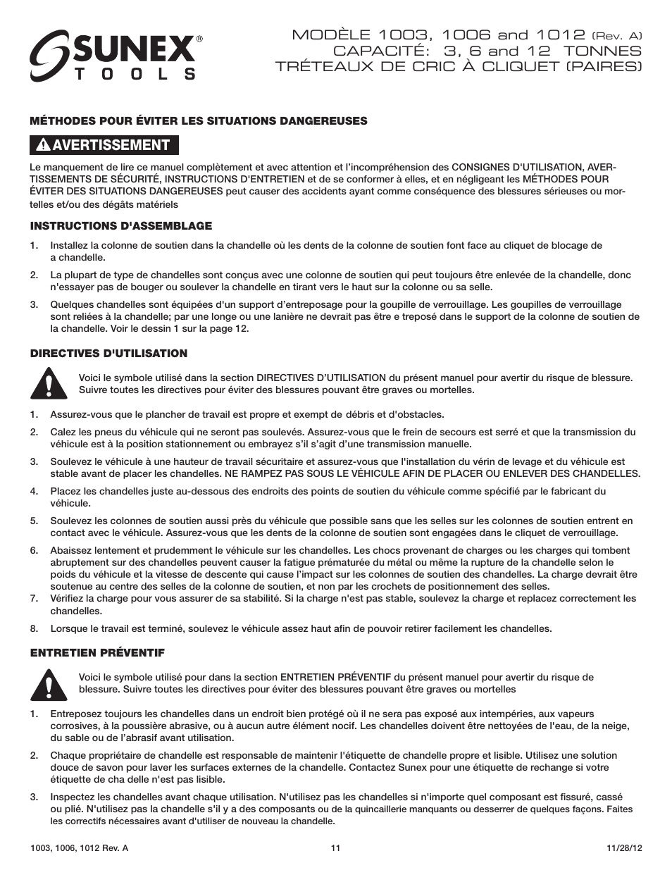 Avertissement | Sunex Tools 1012 User Manual | Page 11 / 12