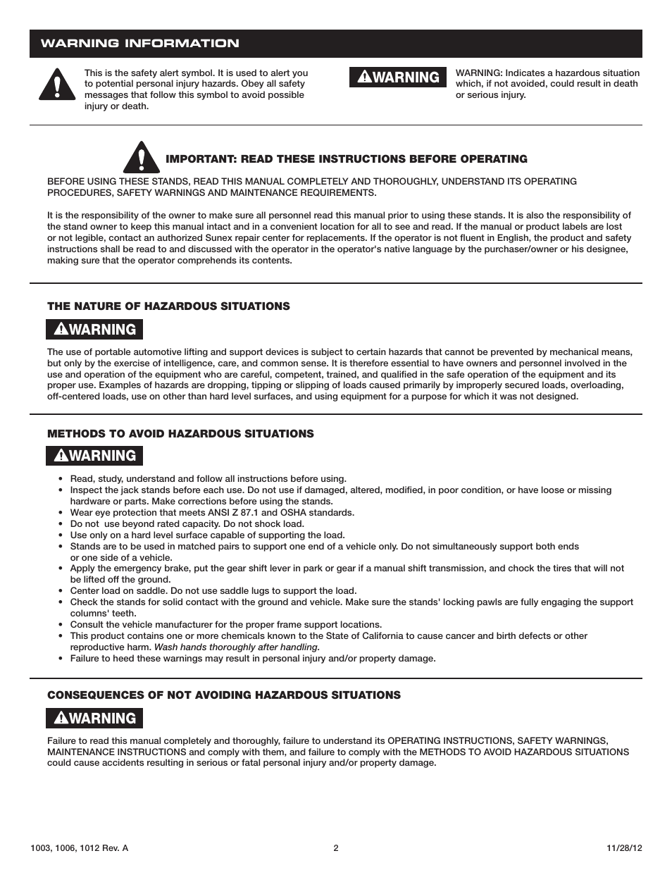 Warning | Sunex Tools 1012 User Manual | Page 2 / 12