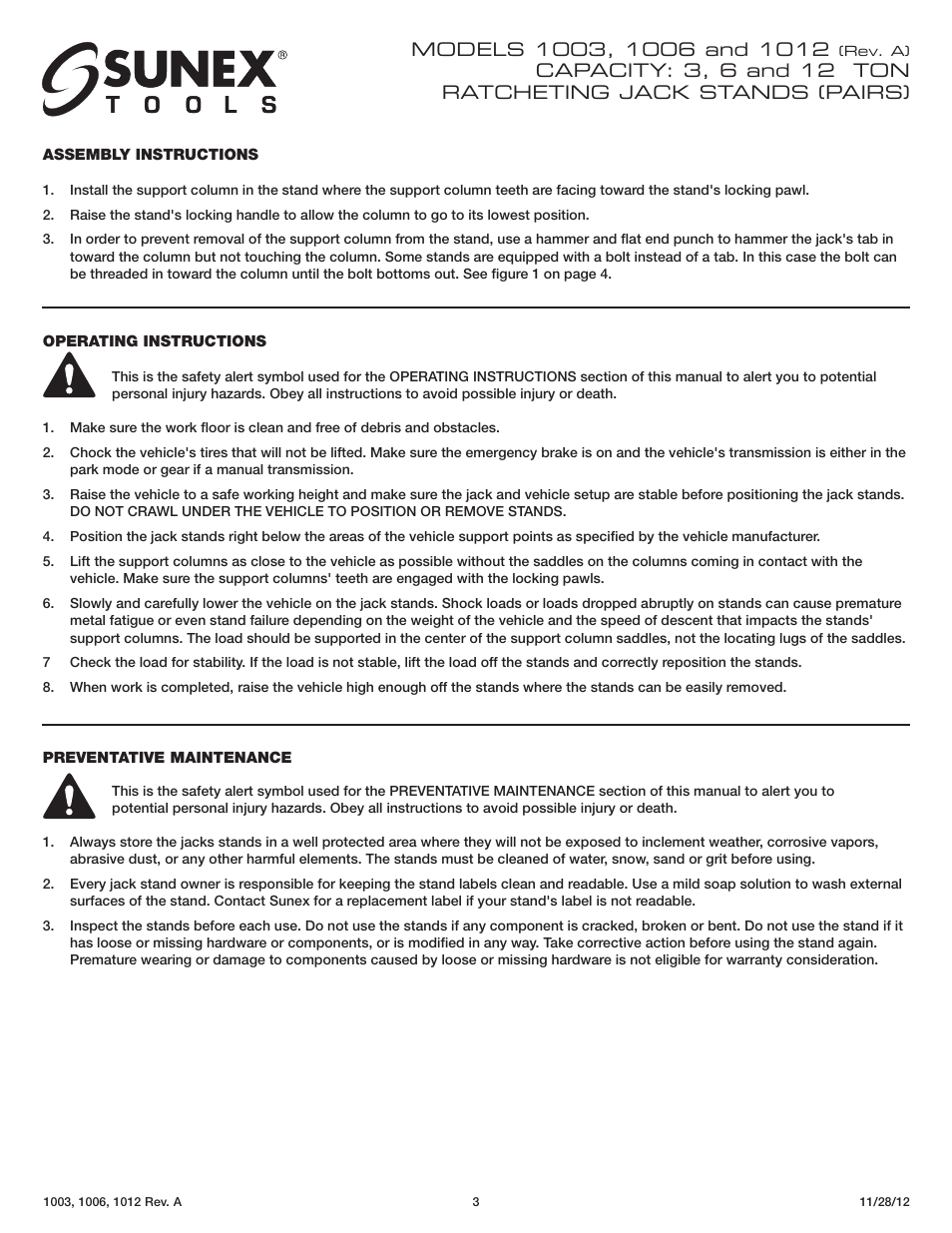 Sunex Tools 1012 User Manual | Page 3 / 12