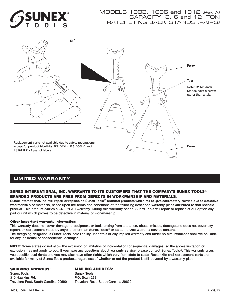 Sunex Tools 1012 User Manual | Page 4 / 12