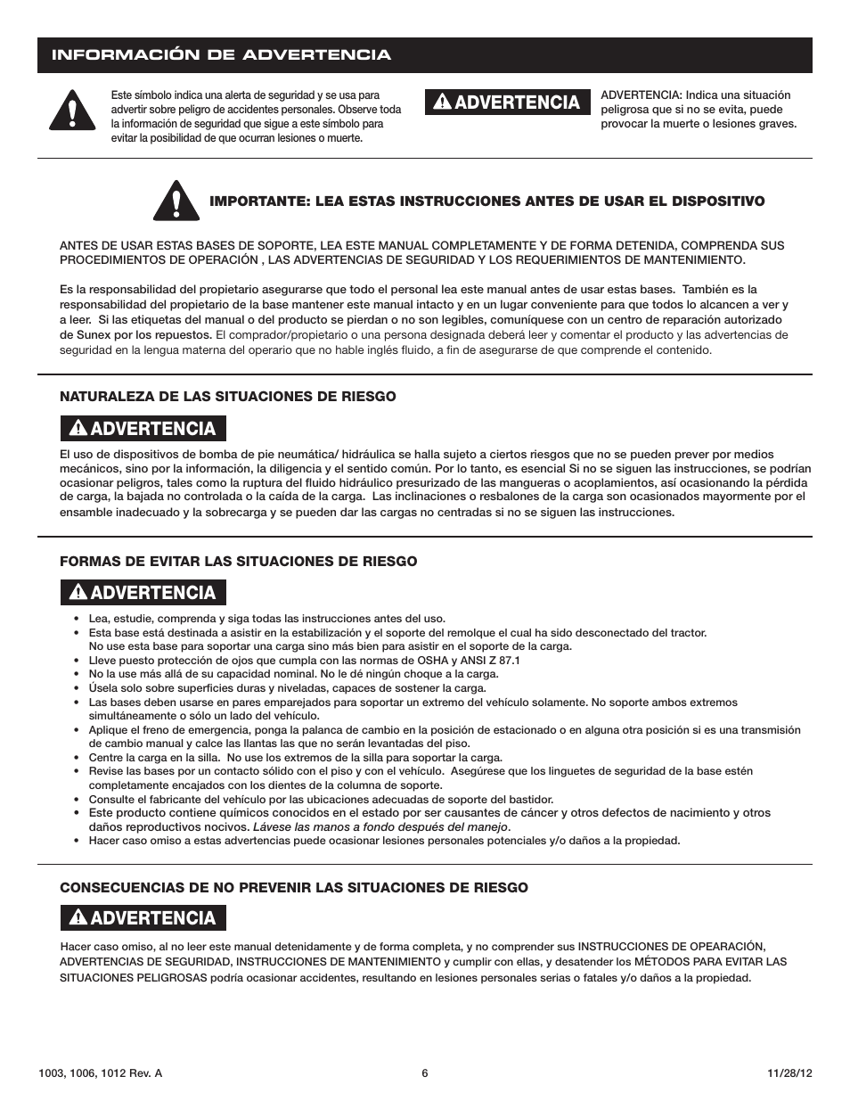 Advertencia | Sunex Tools 1012 User Manual | Page 6 / 12