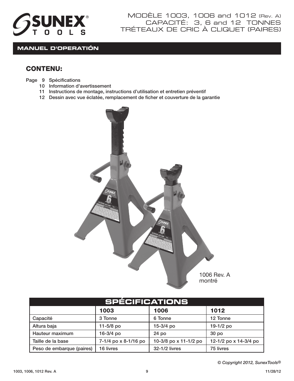 Spécifications, Contenu | Sunex Tools 1012 User Manual | Page 9 / 12