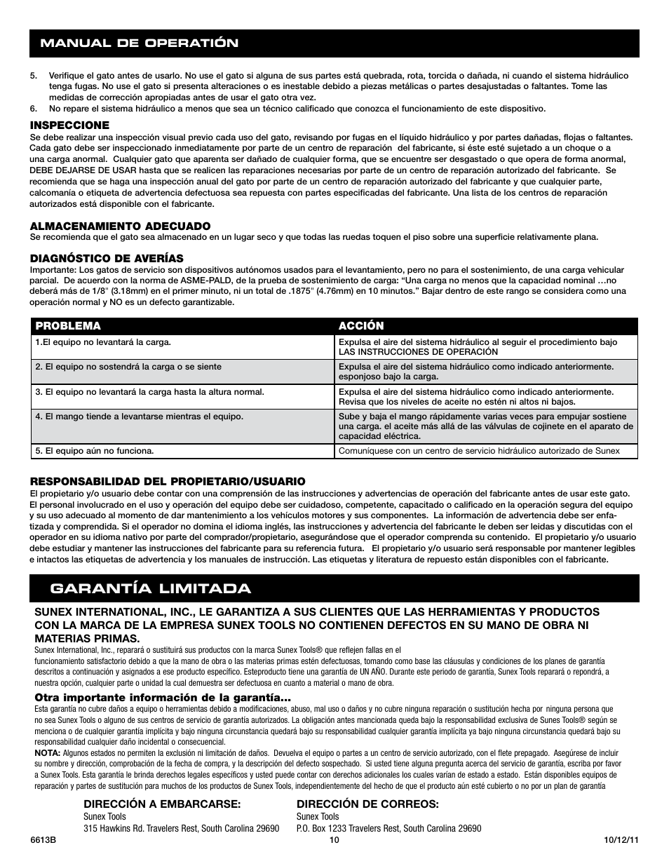 Garant í a limitada | Sunex Tools 6613B User Manual | Page 10 / 15
