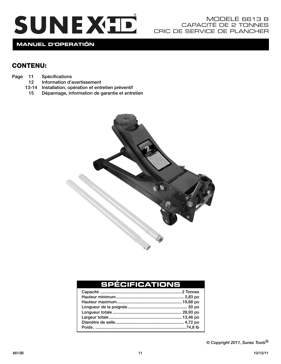 Contenu, Spécifications | Sunex Tools 6613B User Manual | Page 11 / 15