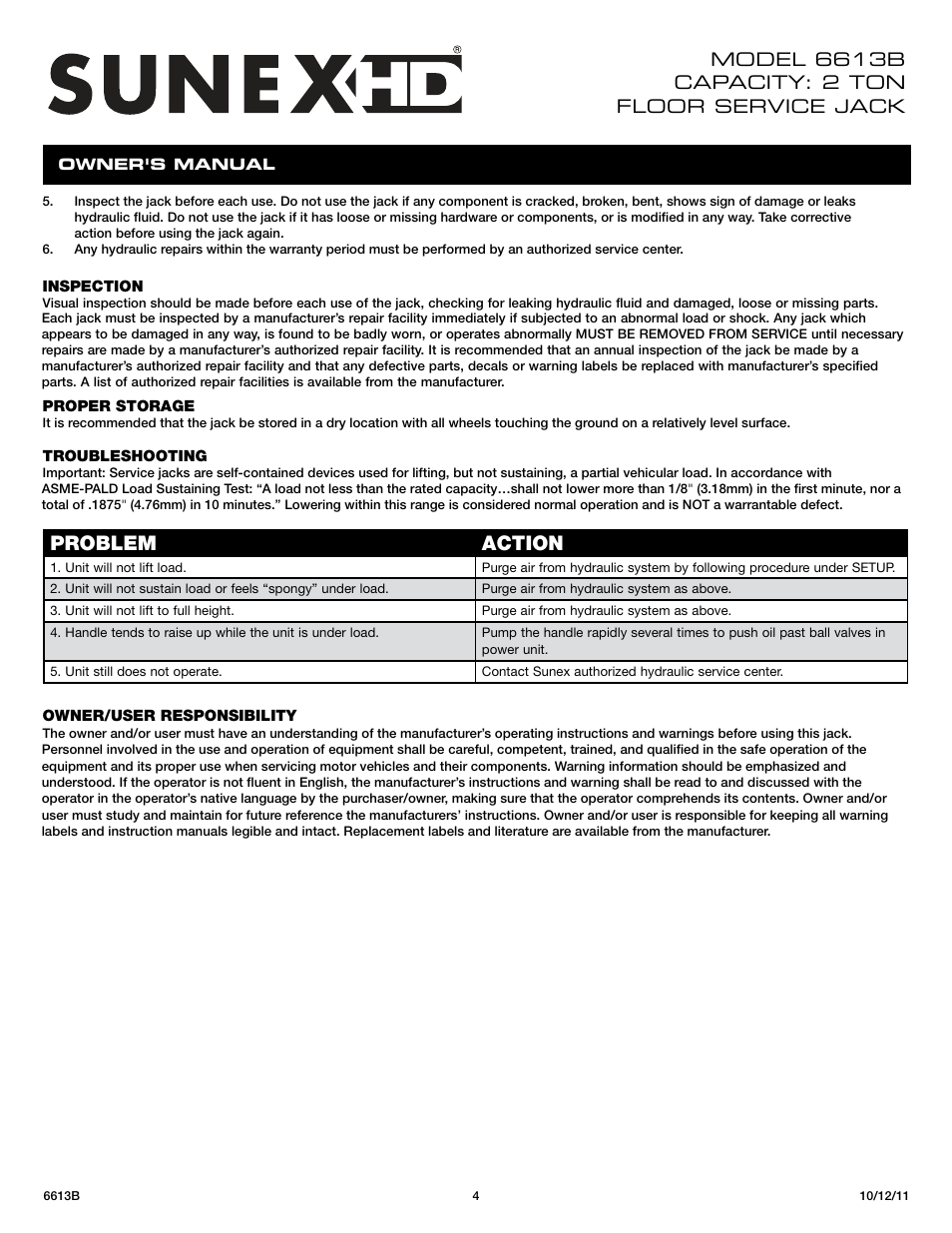 Problem action | Sunex Tools 6613B User Manual | Page 4 / 15