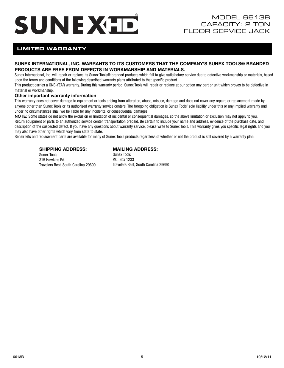 Sunex Tools 6613B User Manual | Page 5 / 15