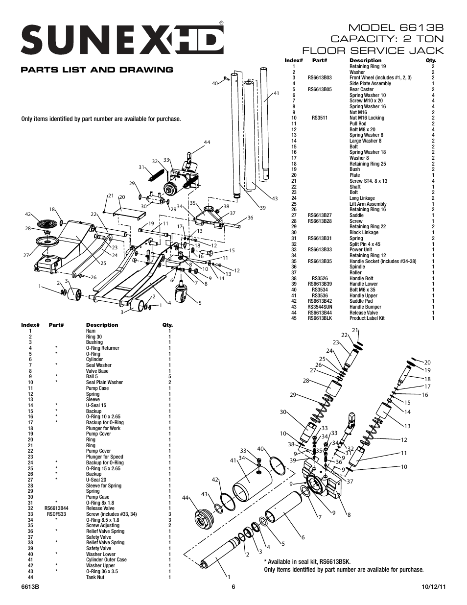 Parts list and drawing | Sunex Tools 6613B User Manual | Page 6 / 15