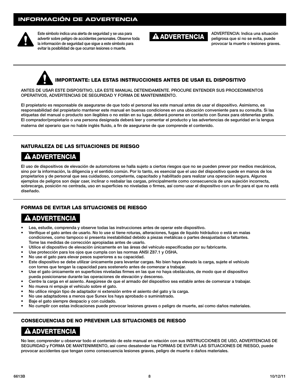 Advertencia | Sunex Tools 6613B User Manual | Page 8 / 15