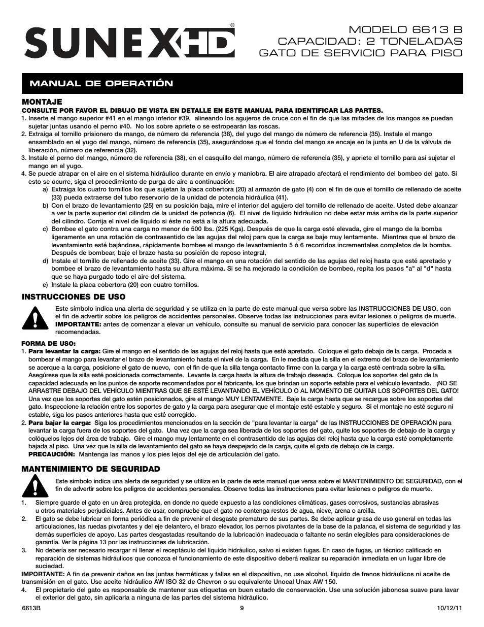 Sunex Tools 6613B User Manual | Page 9 / 15