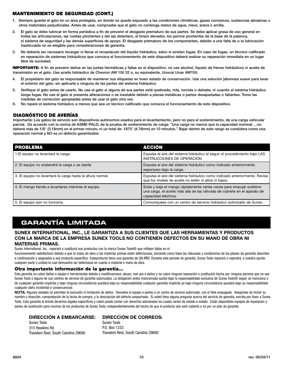 Garant í a limitada | Sunex Tools 6604 User Manual | Page 10 / 14