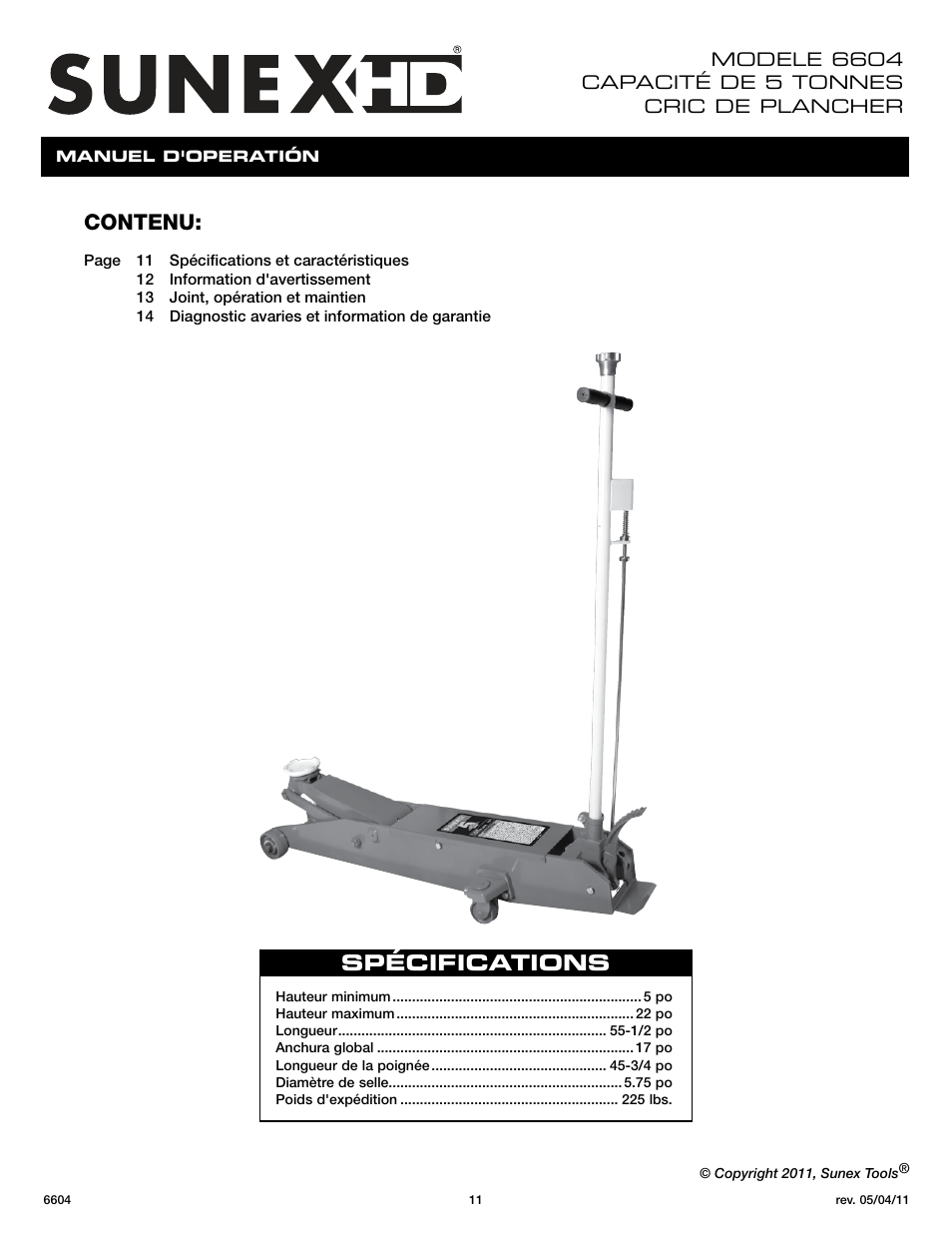 Spécifications, Contenu | Sunex Tools 6604 User Manual | Page 11 / 14
