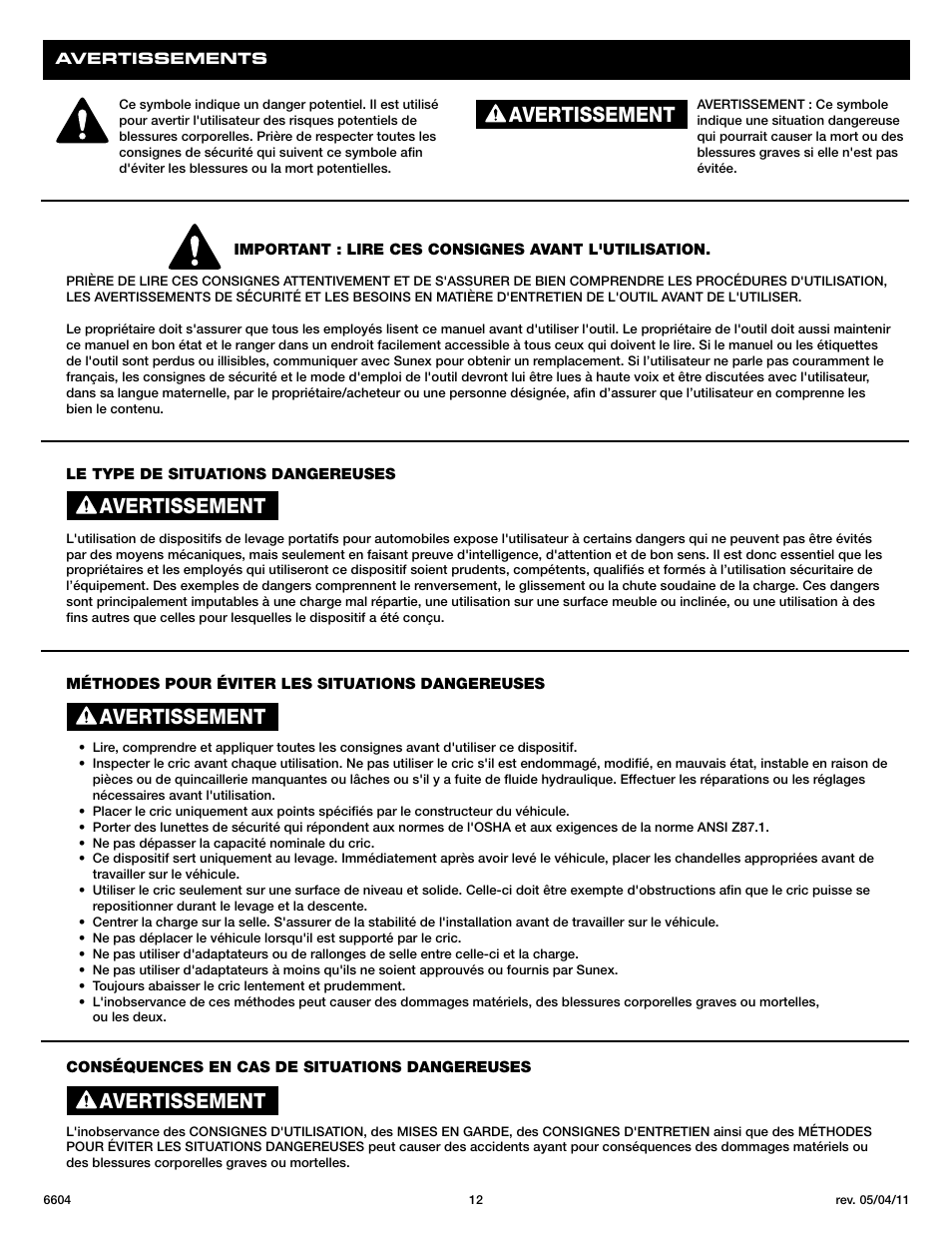 Avertissement | Sunex Tools 6604 User Manual | Page 12 / 14