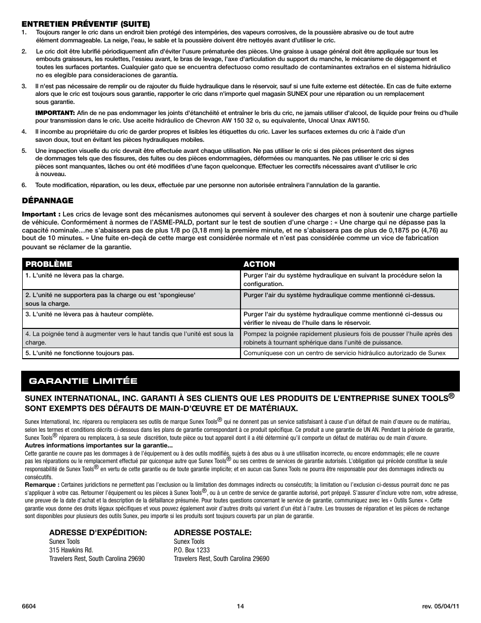 Sunex Tools 6604 User Manual | Page 14 / 14