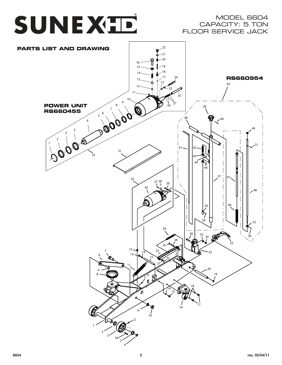 Parts list and drawing | Sunex Tools 6604 User Manual | Page 5 / 14