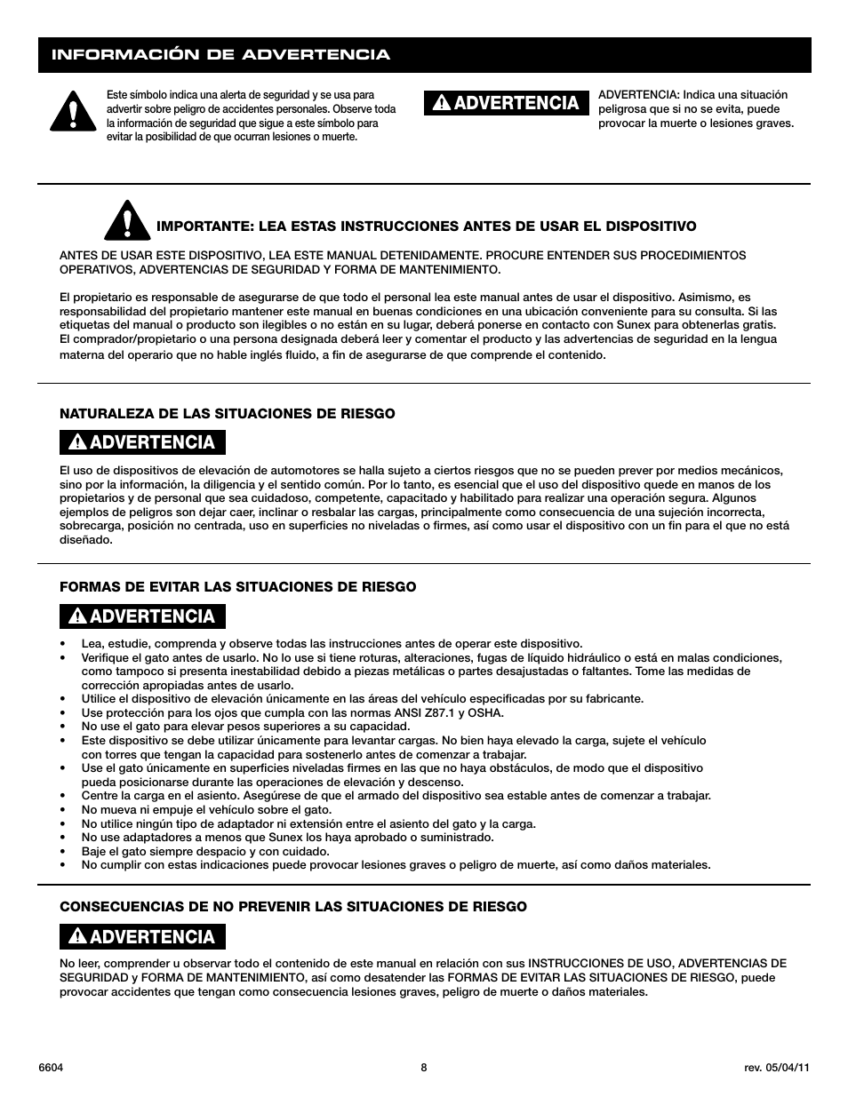Advertencia | Sunex Tools 6604 User Manual | Page 8 / 14