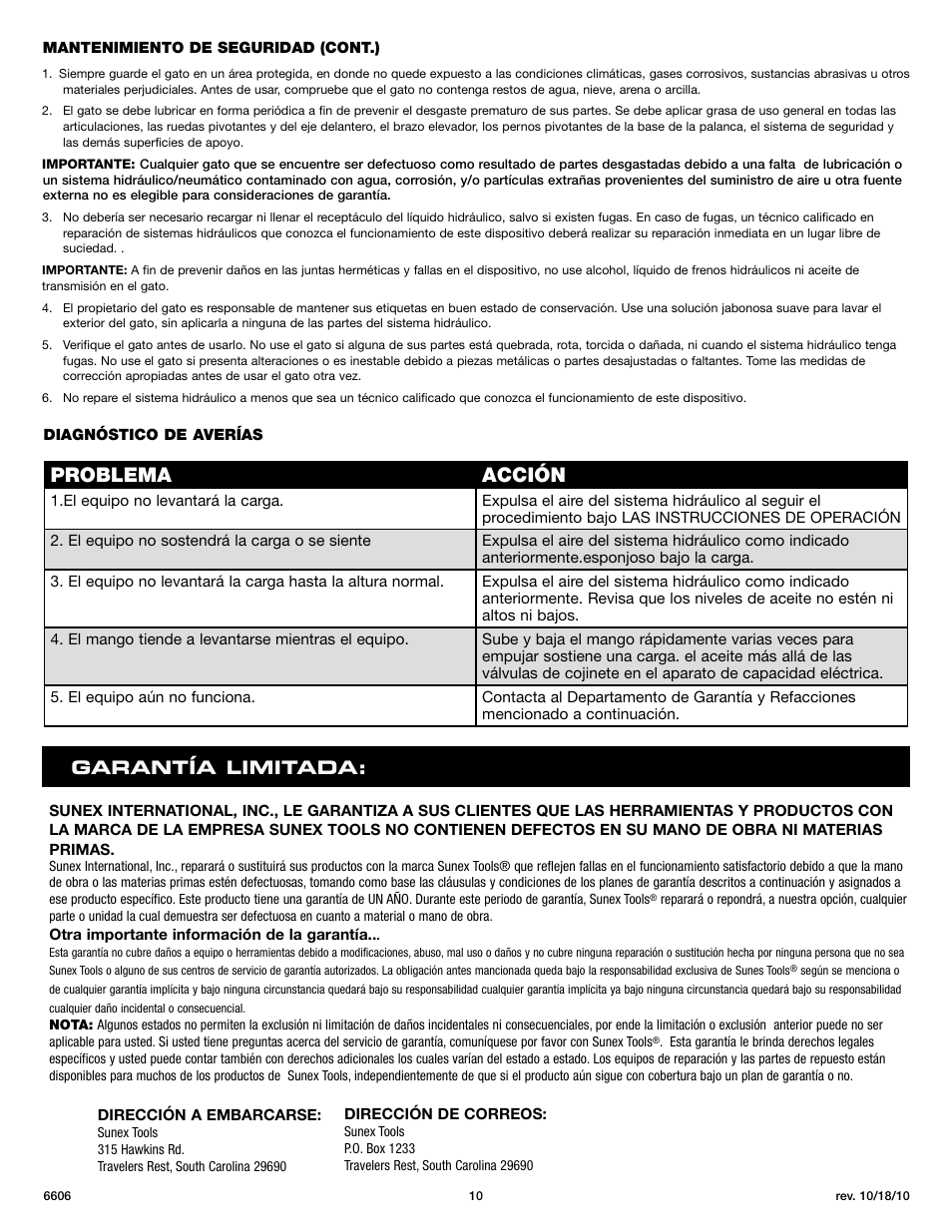 Problema acción, Garant í a limitada | Sunex Tools 6606 User Manual | Page 10 / 14