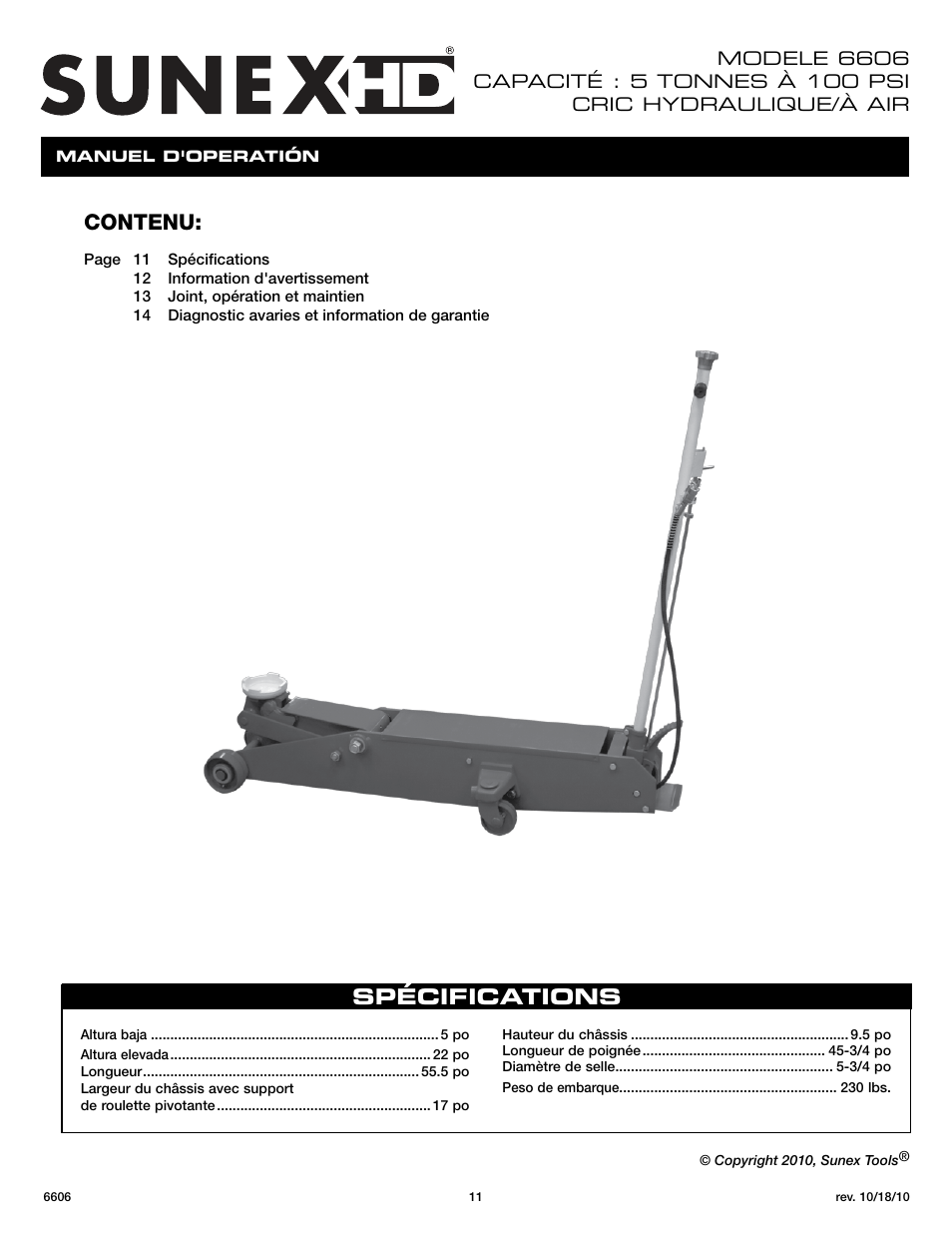 Contenu, Spécifications | Sunex Tools 6606 User Manual | Page 11 / 14