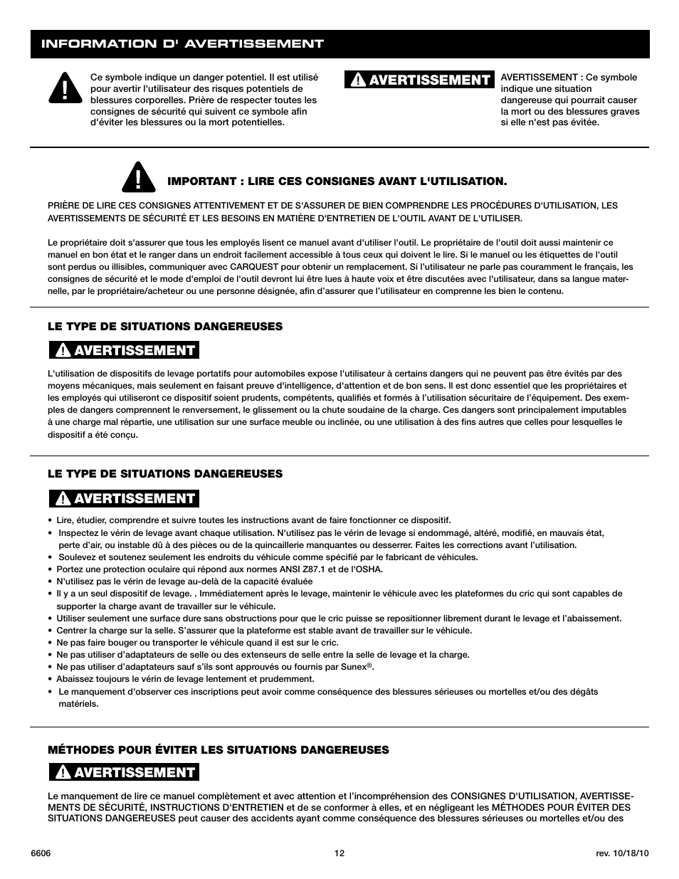Avertissement | Sunex Tools 6606 User Manual | Page 12 / 14