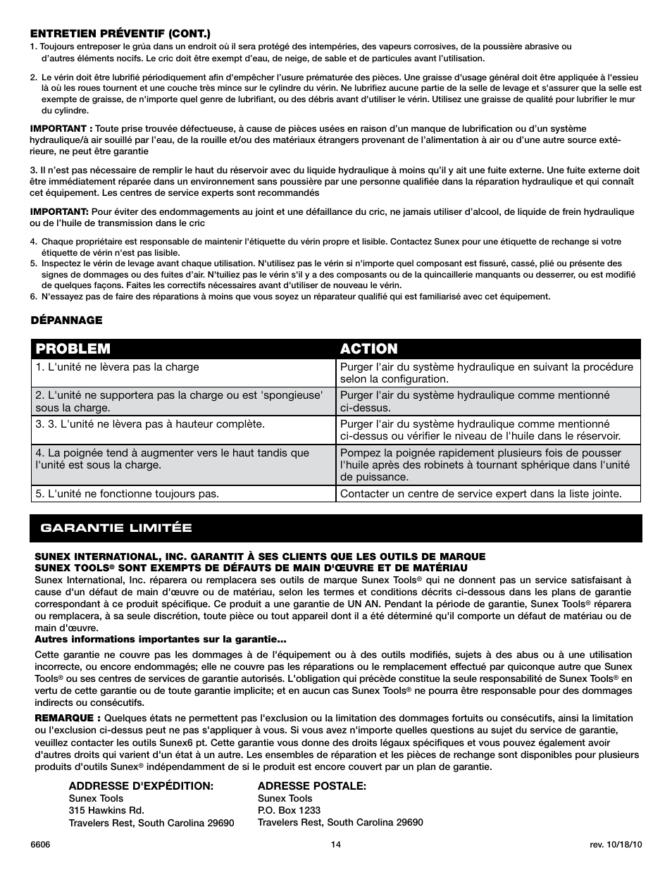 Problem action | Sunex Tools 6606 User Manual | Page 14 / 14