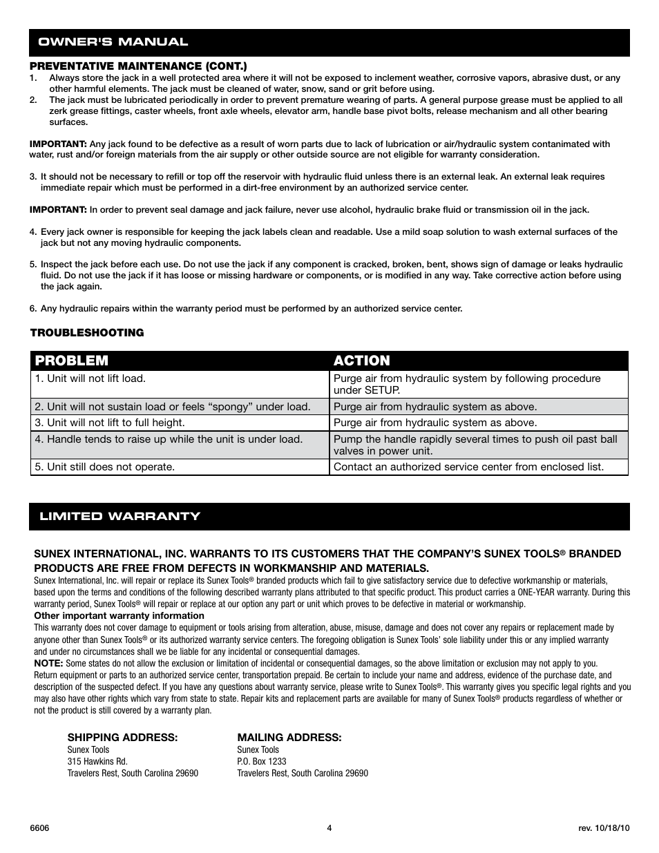 Problem action | Sunex Tools 6606 User Manual | Page 4 / 14