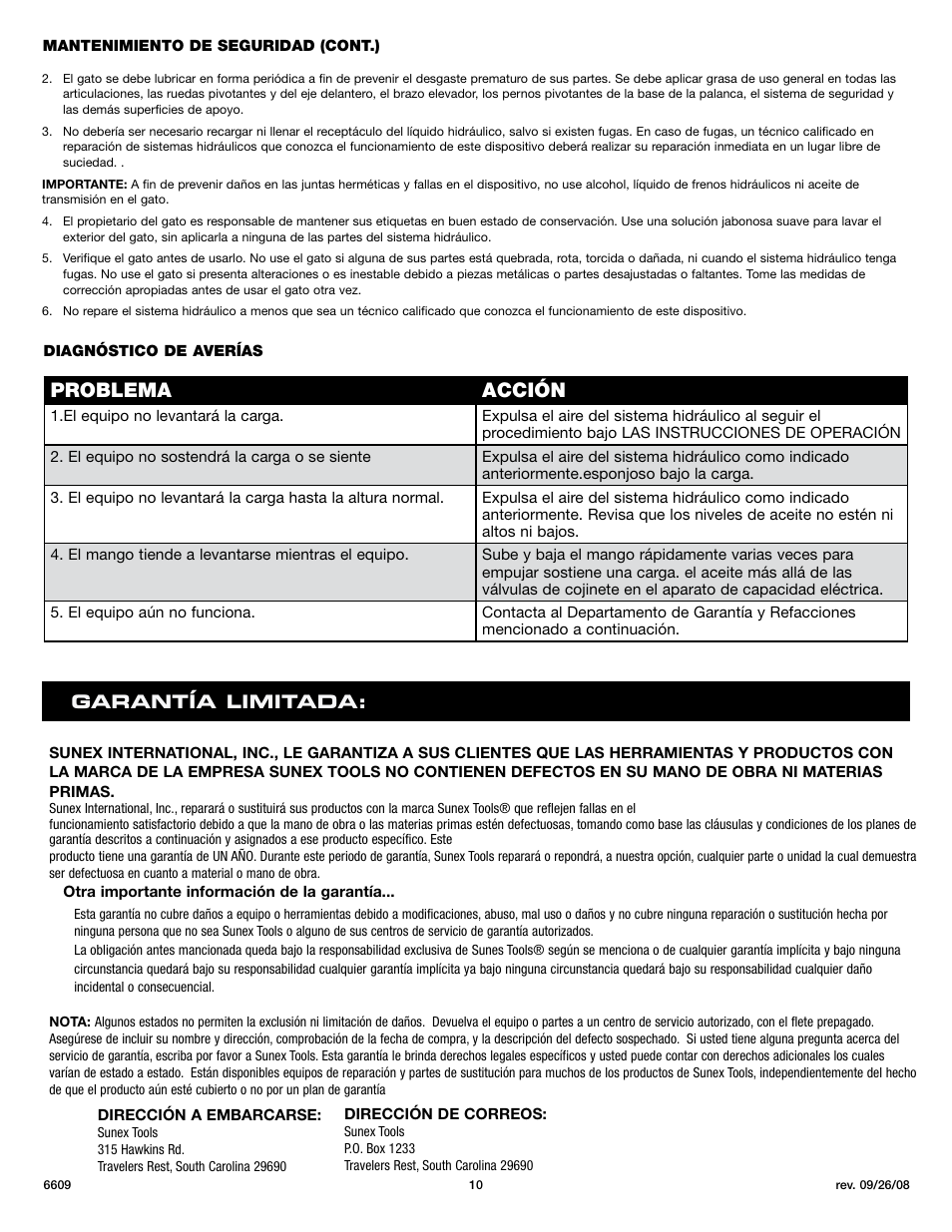 Problema acción, Garant í a limitada | Sunex Tools 6609 User Manual | Page 10 / 10