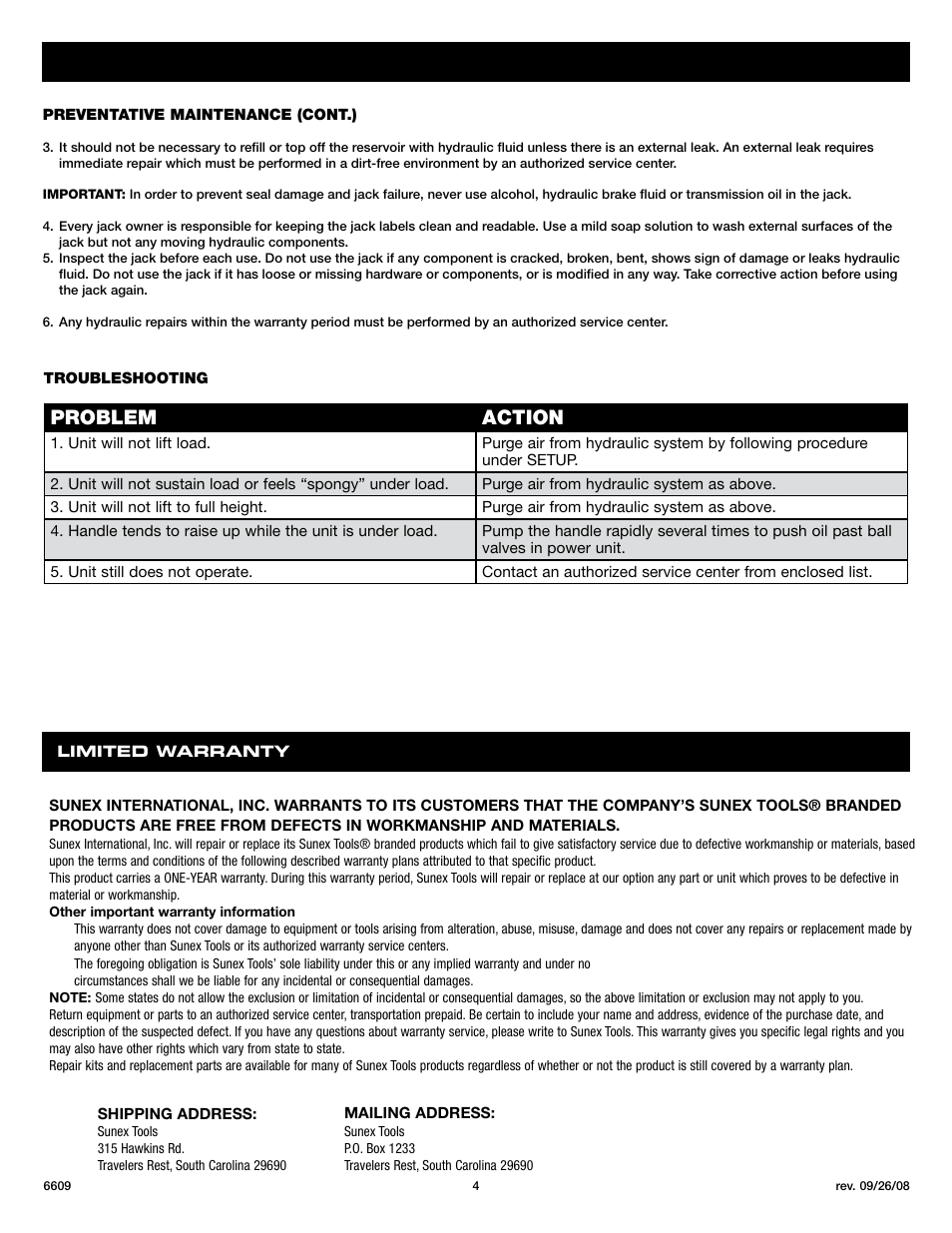 Problem action | Sunex Tools 6609 User Manual | Page 4 / 10