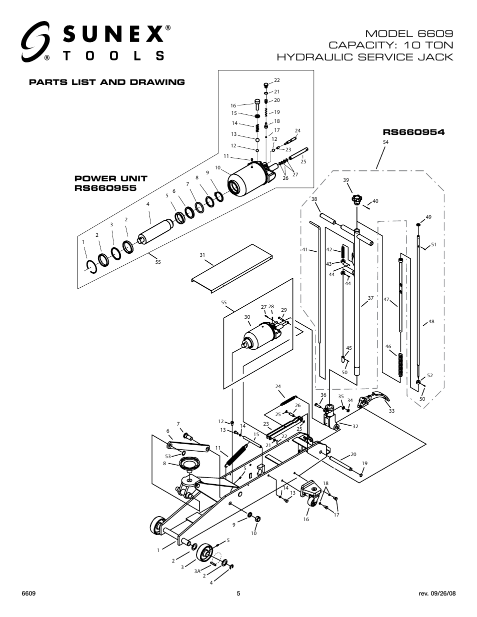 Parts list and drawing | Sunex Tools 6609 User Manual | Page 5 / 10