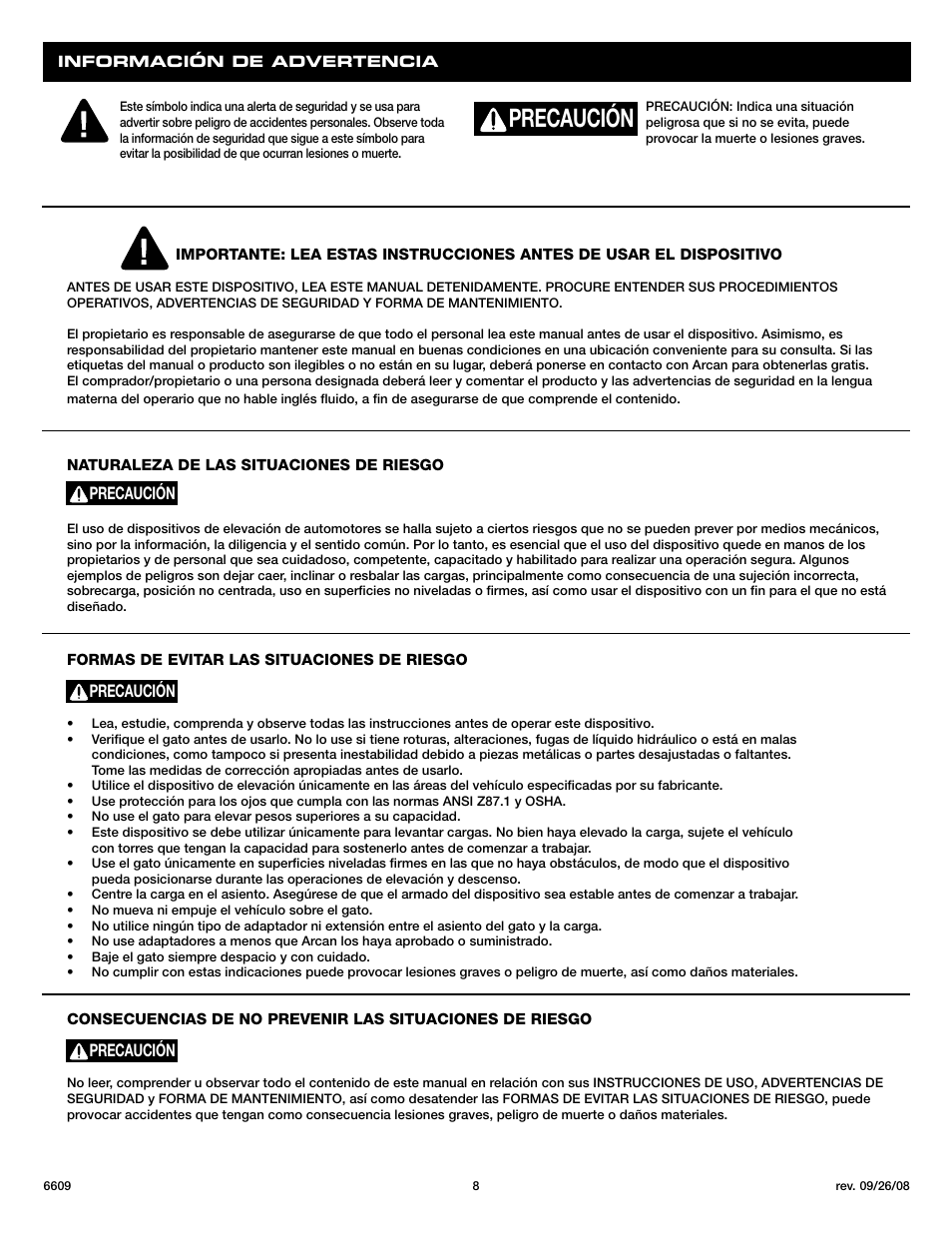 Precaución | Sunex Tools 6609 User Manual | Page 8 / 10