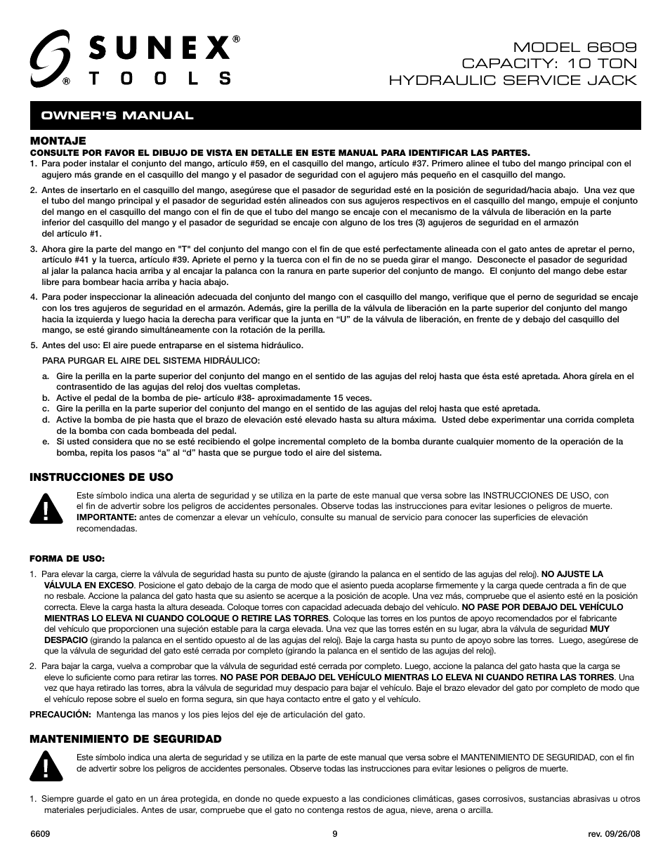 Sunex Tools 6609 User Manual | Page 9 / 10