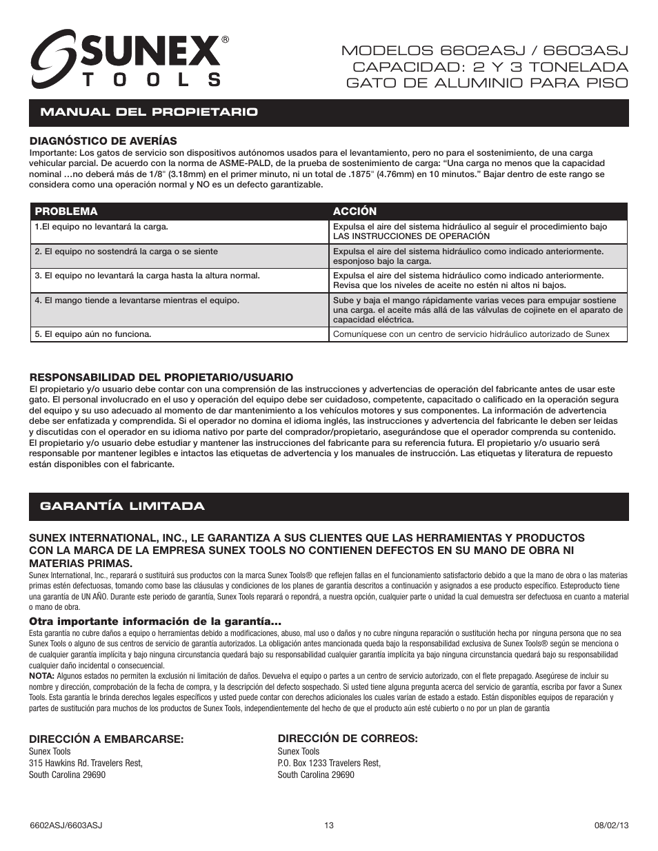 Sunex Tools 6602ASJ User Manual | Page 13 / 20
