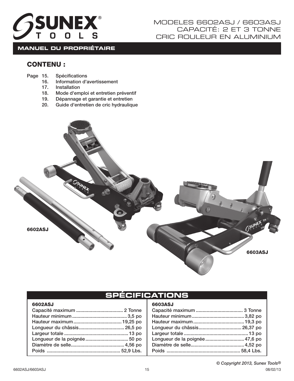 Spécifications contenu | Sunex Tools 6602ASJ User Manual | Page 15 / 20