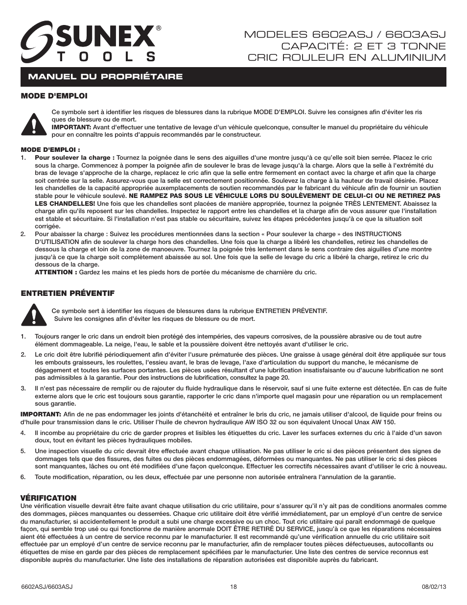 Sunex Tools 6602ASJ User Manual | Page 18 / 20