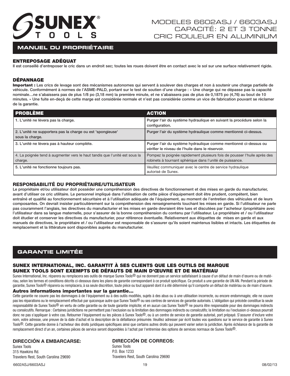 Sunex Tools 6602ASJ User Manual | Page 19 / 20