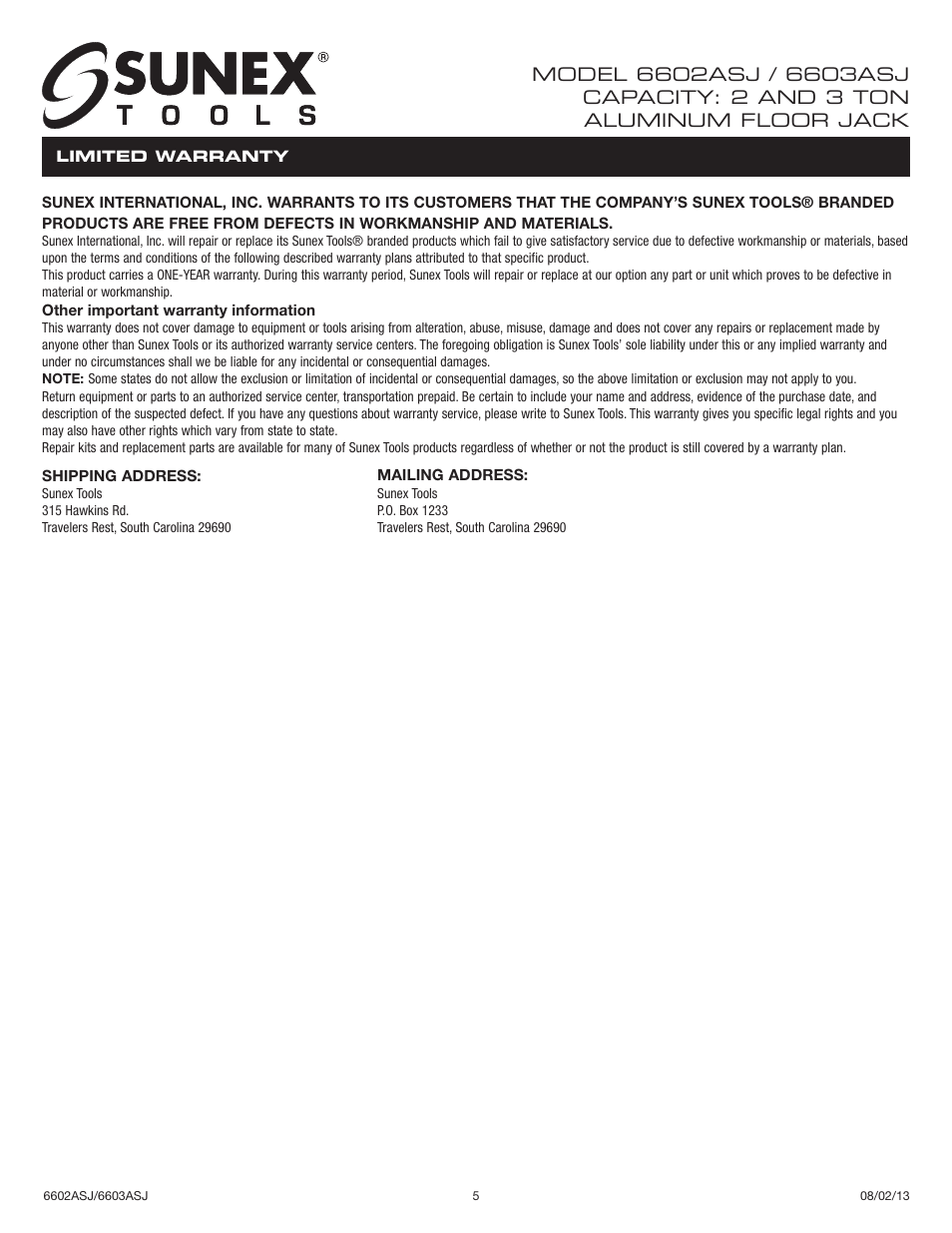 Sunex Tools 6602ASJ User Manual | Page 5 / 20