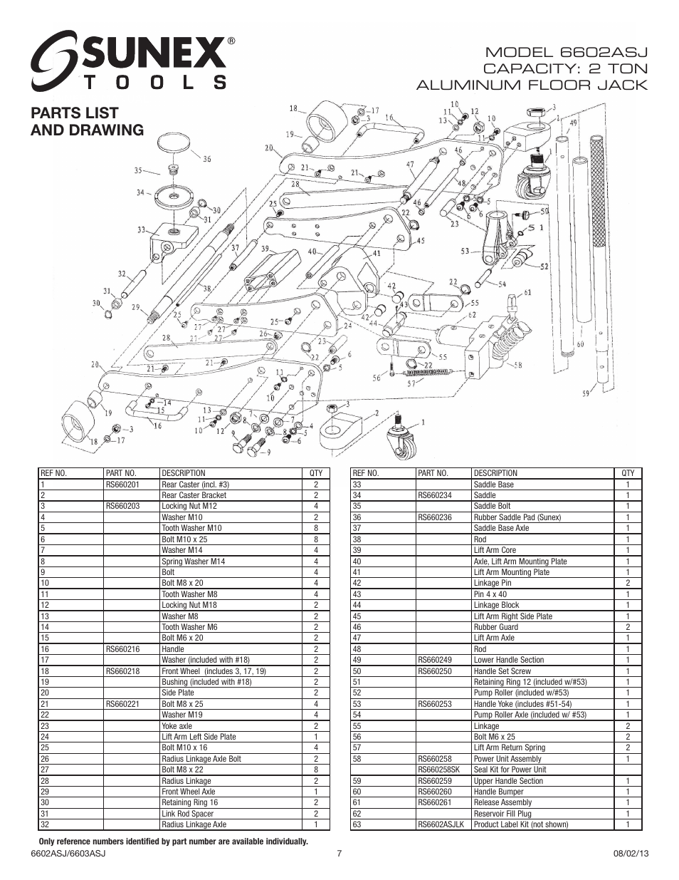 Parts list and drawing | Sunex Tools 6602ASJ User Manual | Page 7 / 20