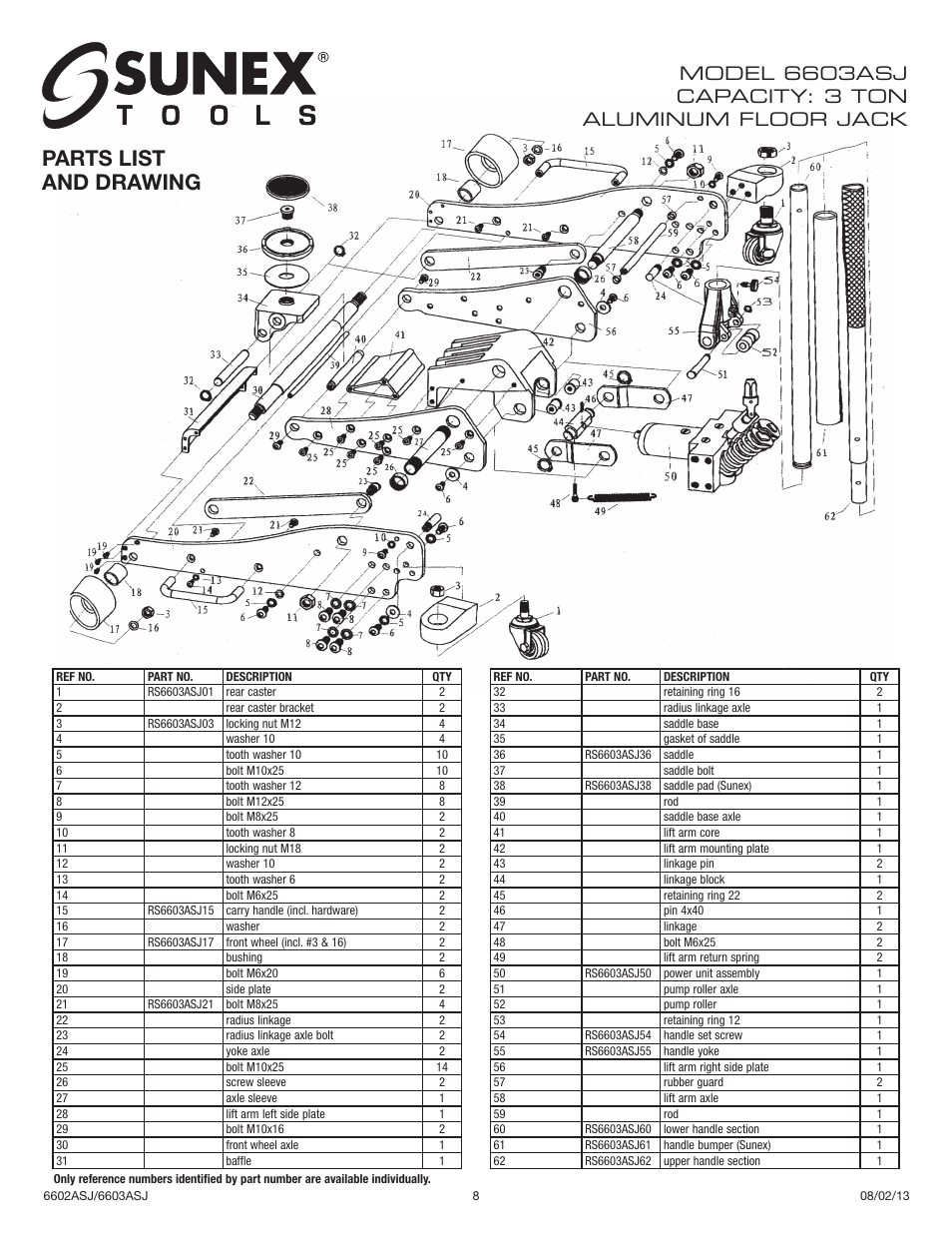 Parts list and drawing | Sunex Tools 6602ASJ User Manual | Page 8 / 20
