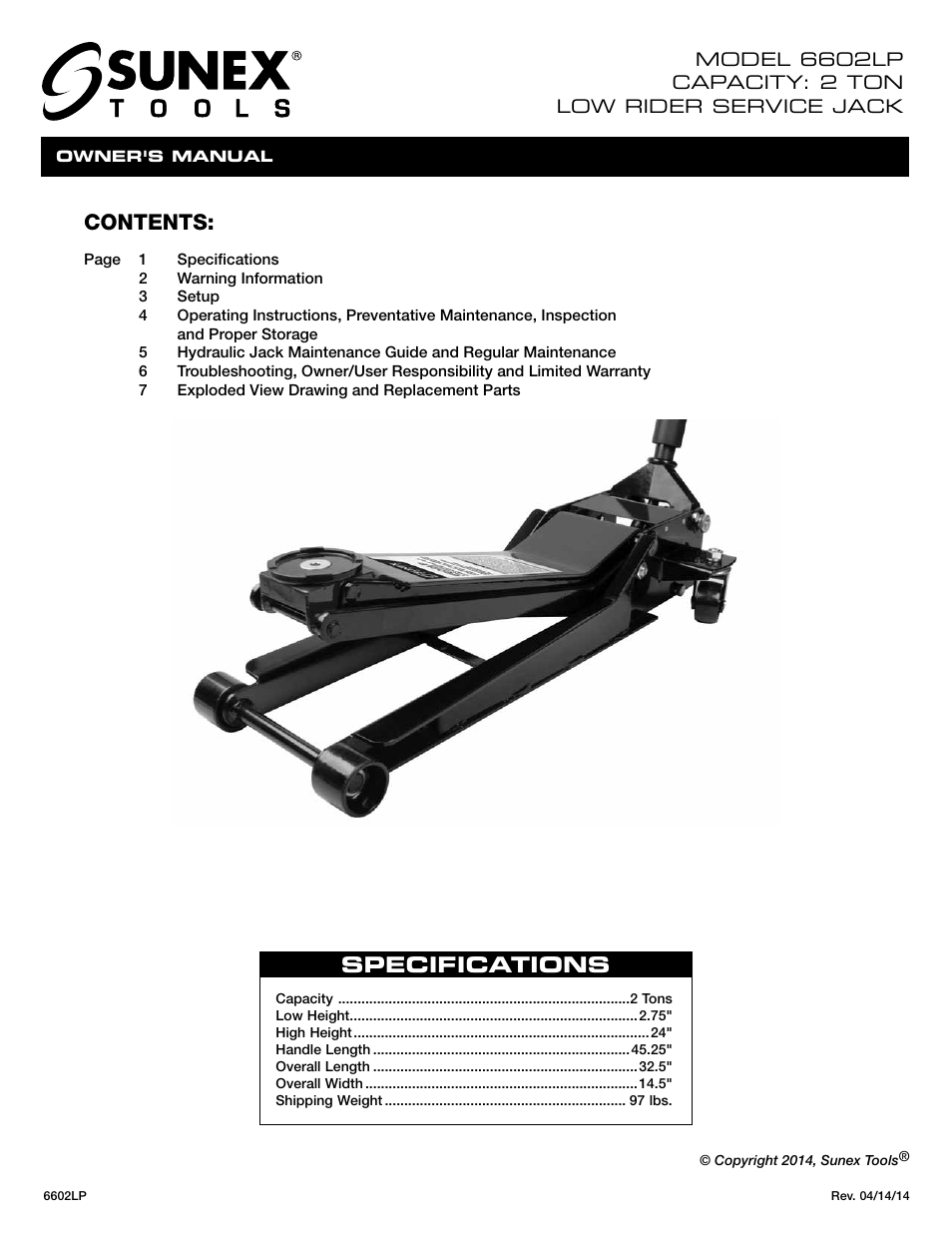 Sunex Tools 6602LP User Manual | 19 pages