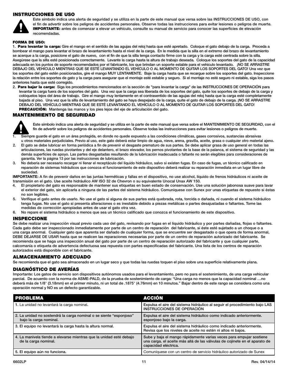 Sunex Tools 6602LP User Manual | Page 11 / 19