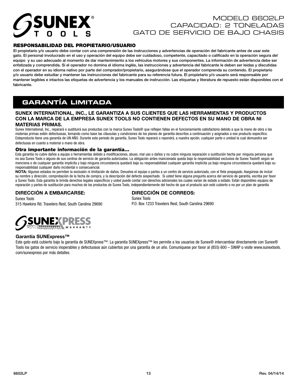Garant í a limitada | Sunex Tools 6602LP User Manual | Page 13 / 19