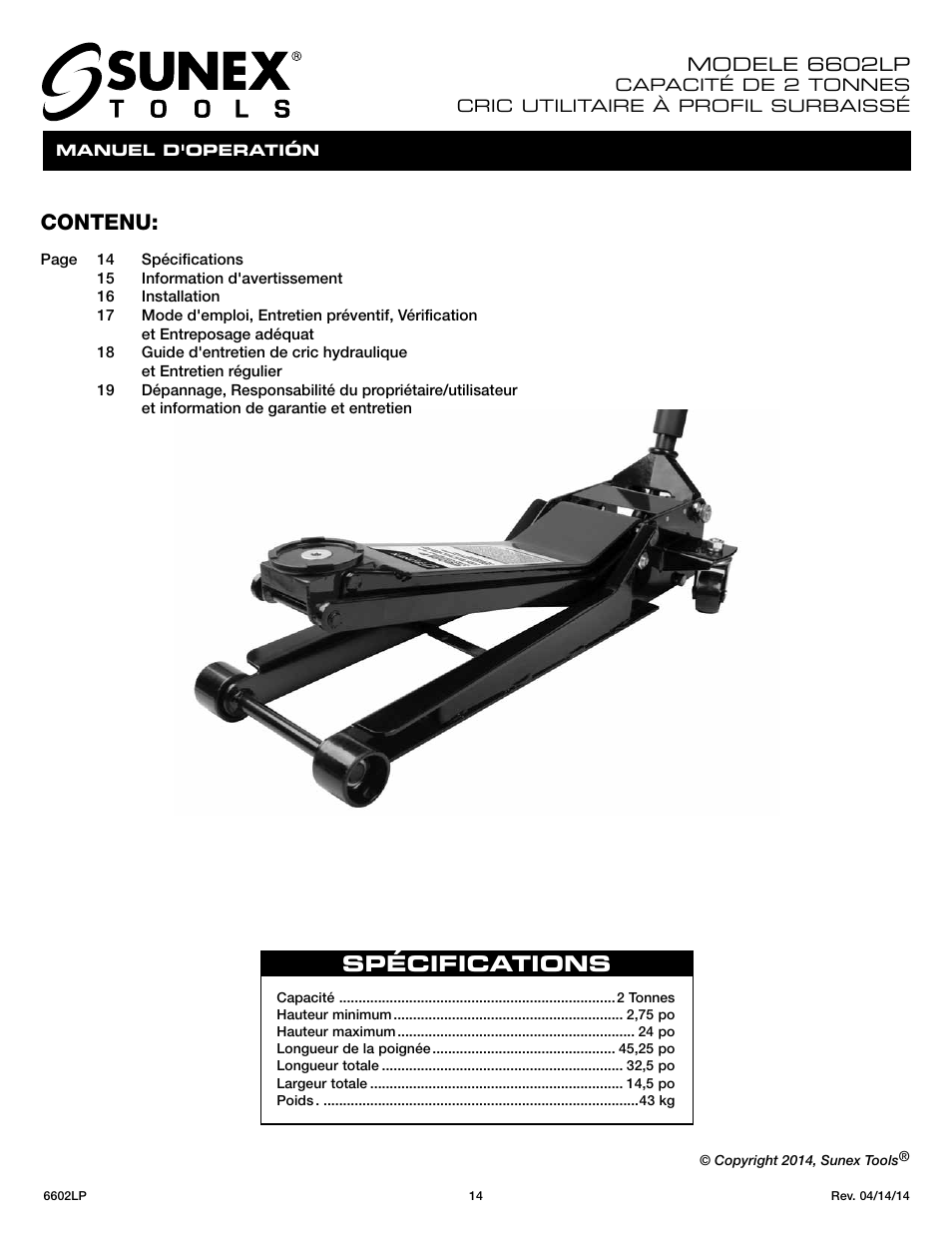 Contenu, Spécifications | Sunex Tools 6602LP User Manual | Page 14 / 19