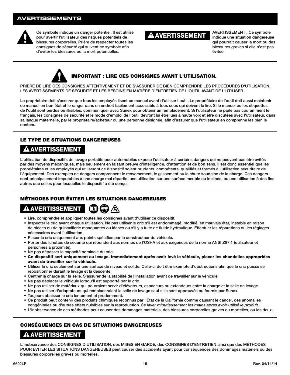 Avertissement | Sunex Tools 6602LP User Manual | Page 15 / 19