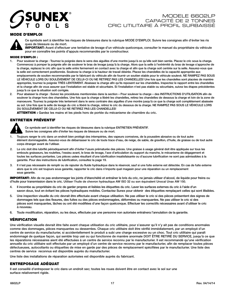 Modele, 6602lp | Sunex Tools 6602LP User Manual | Page 17 / 19