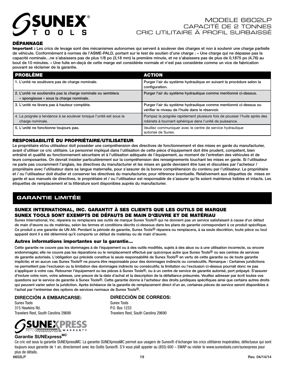Modele, 6602lp | Sunex Tools 6602LP User Manual | Page 19 / 19