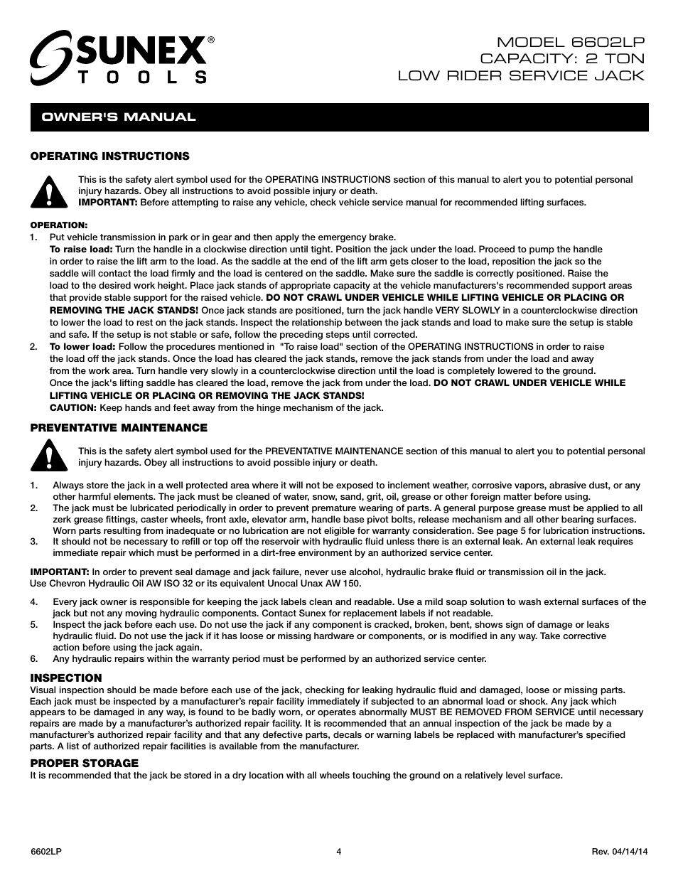 Sunex Tools 6602LP User Manual | Page 4 / 19