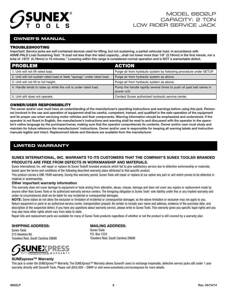 Problem action | Sunex Tools 6602LP User Manual | Page 6 / 19