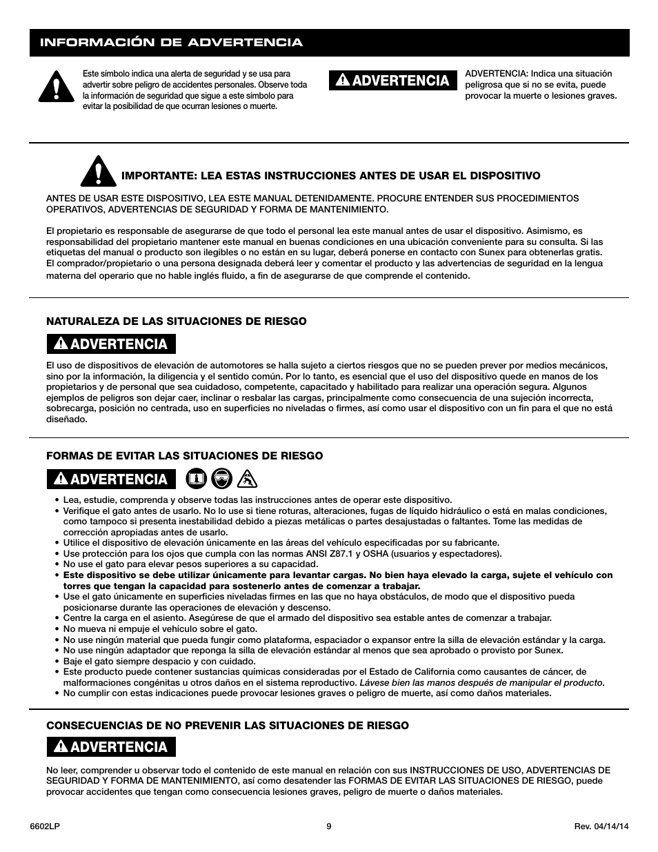 Advertencia | Sunex Tools 6602LP User Manual | Page 9 / 19
