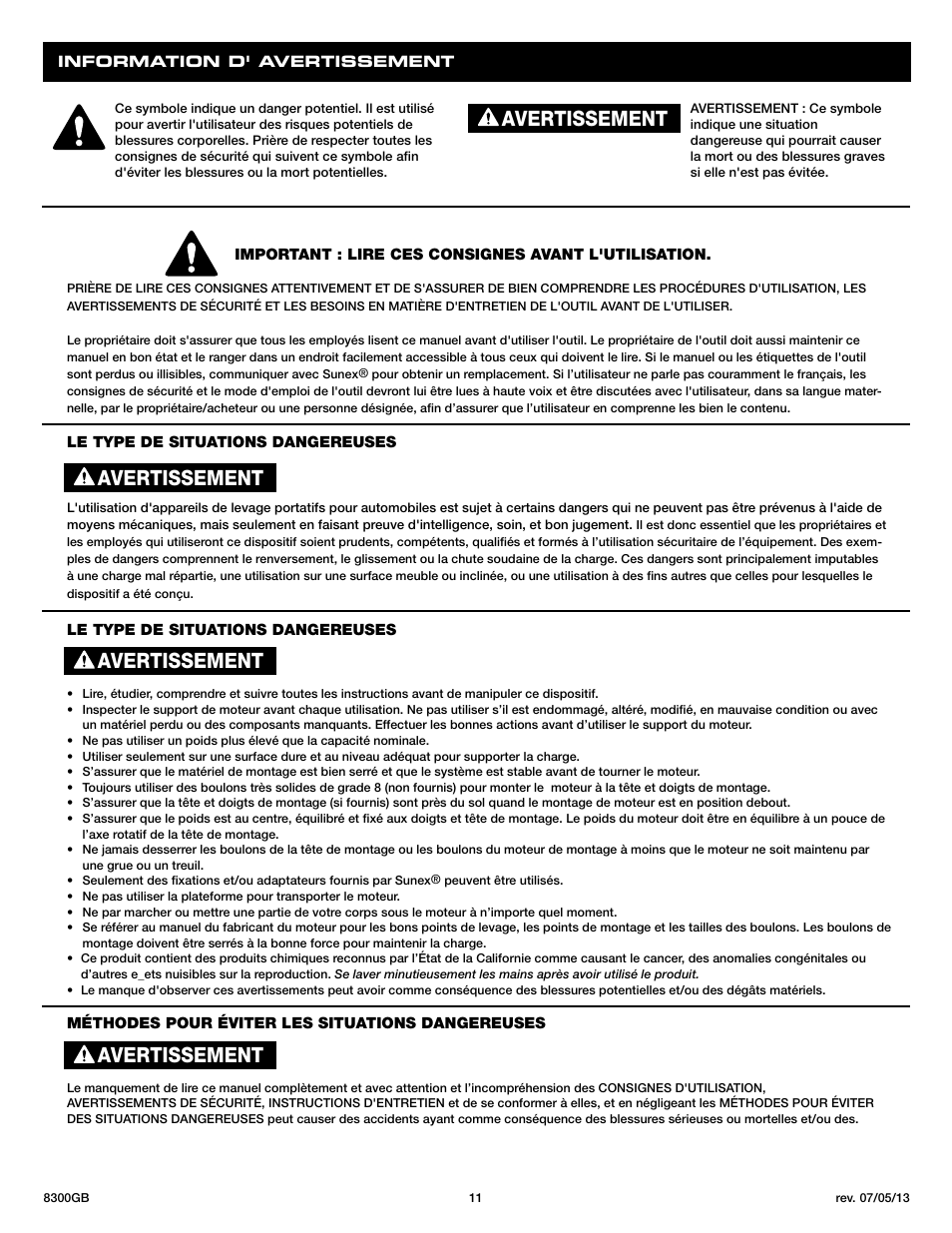 Avertissement | Sunex Tools 8300GB User Manual | Page 11 / 13