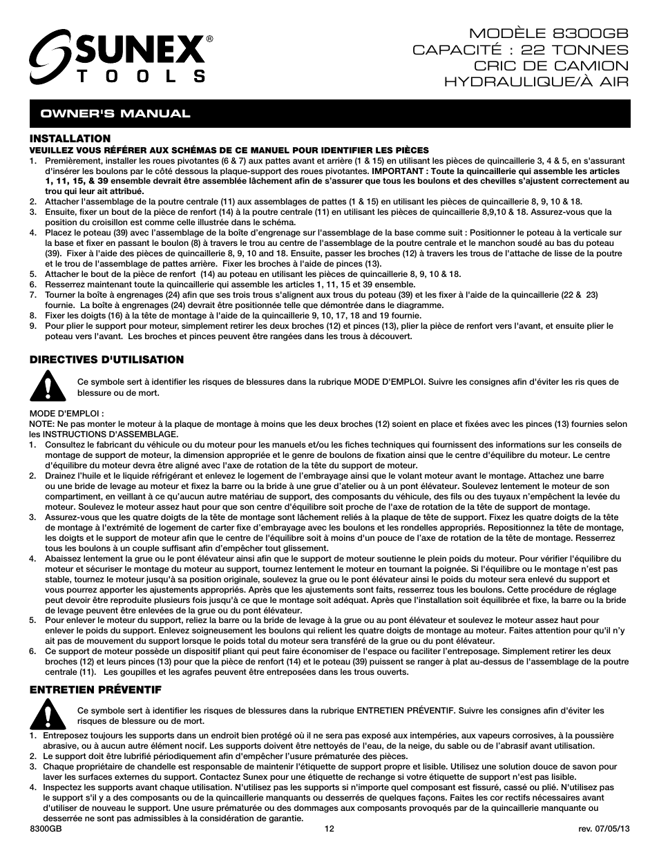 Sunex Tools 8300GB User Manual | Page 12 / 13